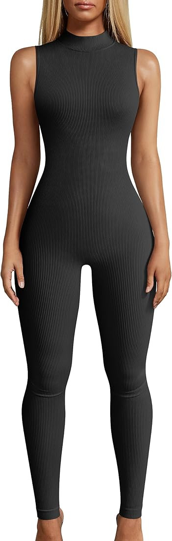 OQQ Women Yoga Jumpsuits Workout Ribbed Sleeveless High Neck Tops Sport Jumpsuits | Amazon (US)