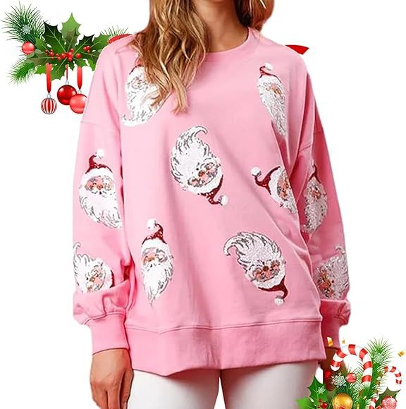 cookx Women's Christmas Cute Sequin Print Crew Neck Long Sleeve Sweatshirt Pullover, Santa Sweats... | Amazon (US)