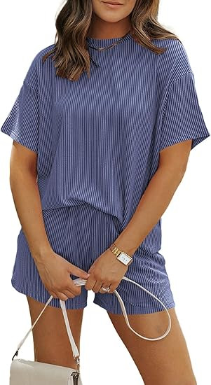 MARZXIN Women's 2 Piece Outfits Summer Tracksuit Ribbed Textured Knit Loose Lounge Shorts Set Sho... | Amazon (US)