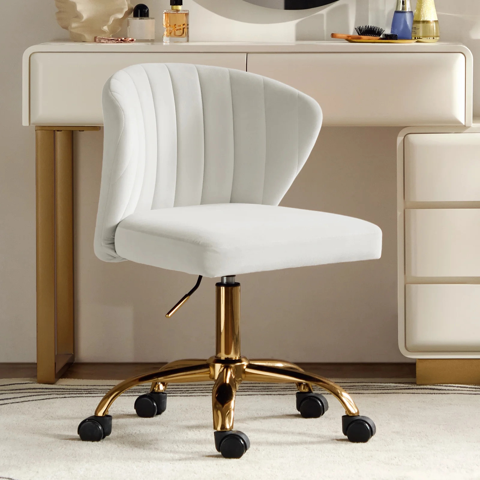 Ivory Velvet Swivel Office Chair with Gold Legs, Adjustable Height Rolling Desk Chair for Vanity | Walmart (US)