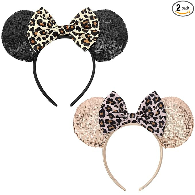 UNSPAZ Leopard Mouse Ears Headbands, 2 PCS Cheetah Print Headbands for Women Girls Boys, Sequin A... | Amazon (US)