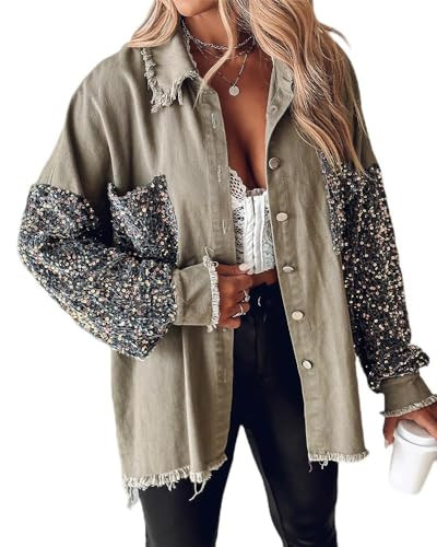 CHICME Womens Denim Jacket Sequin Patchwork Long Sleeve Jackets Top Button Front Oversized Denim ... | Amazon (US)