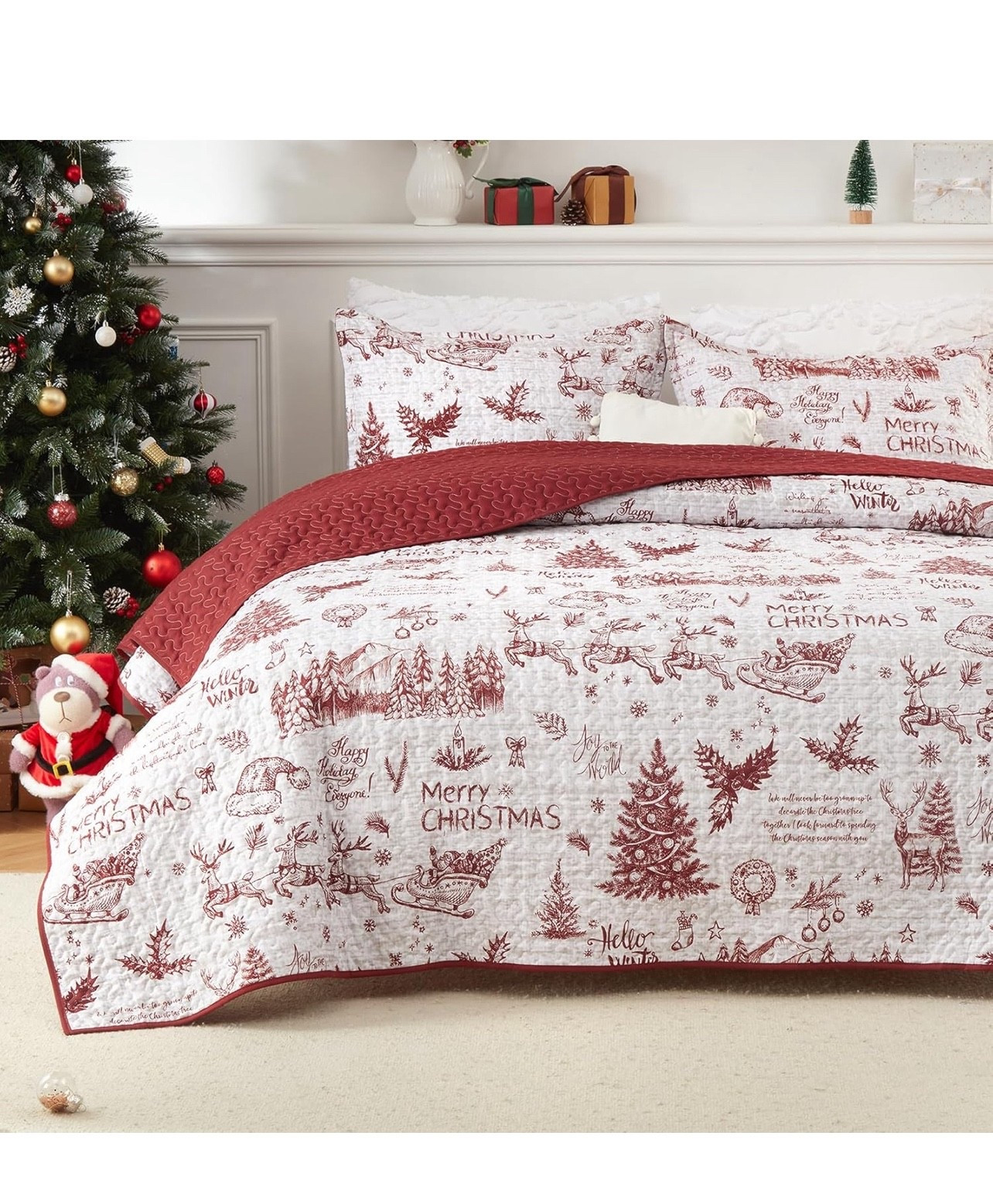 🎄 Merry Christmas Toile Quilt Set

Cozy + classic holiday bedding ✨❤️

This Caromio Christmas Quilt Set is the cutest way to turn your bedroom or guest room into a cozy winter wonderland! The vintage-style red toile print has the sweetest Christmas details — reindeer, snowflakes, trees, little sayings, and holiday sketches that feel like a storybook. 🎅🏼❄️🎁 It’s lightweight, soft, and breathable, making it perfect if you want festive bedding without something too heavy.

I’m showing the Queen size, and it comes with the quilt + matching shams for a complete holiday look. Pair it with a solid red throw or decorative pillow and you instantly have the most charming Christmas bedroom. So affordable, so festive, and such an easy seasonal swap! ❤️🎄✨

Christmas bedding • red toile quilt • holiday bedspread • winter bedroom decor • cozy guest room ideas • vintage Christmas patterns • Amazon Christmas home finds • lightweight quilt set • festive bedroom makeover • seasonal bedding refresh • holiday hosting essentials • red & white Christmas decor • cottage Christmas vibes 🎁🛏️💫

#LTKHome #LTKHoliday #LTKGiftGuide