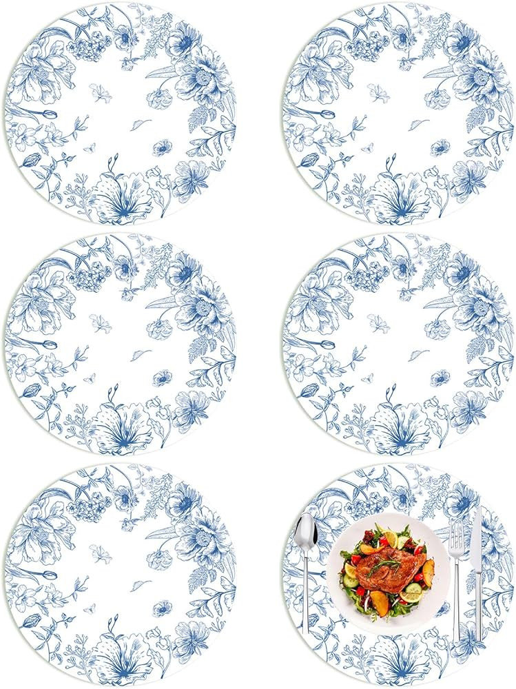Blue Floral Round Placemats Set of 6 Chinoiserie Plastic Place Mats 13.4 Inch Washable Blue and W... | Amazon (US)