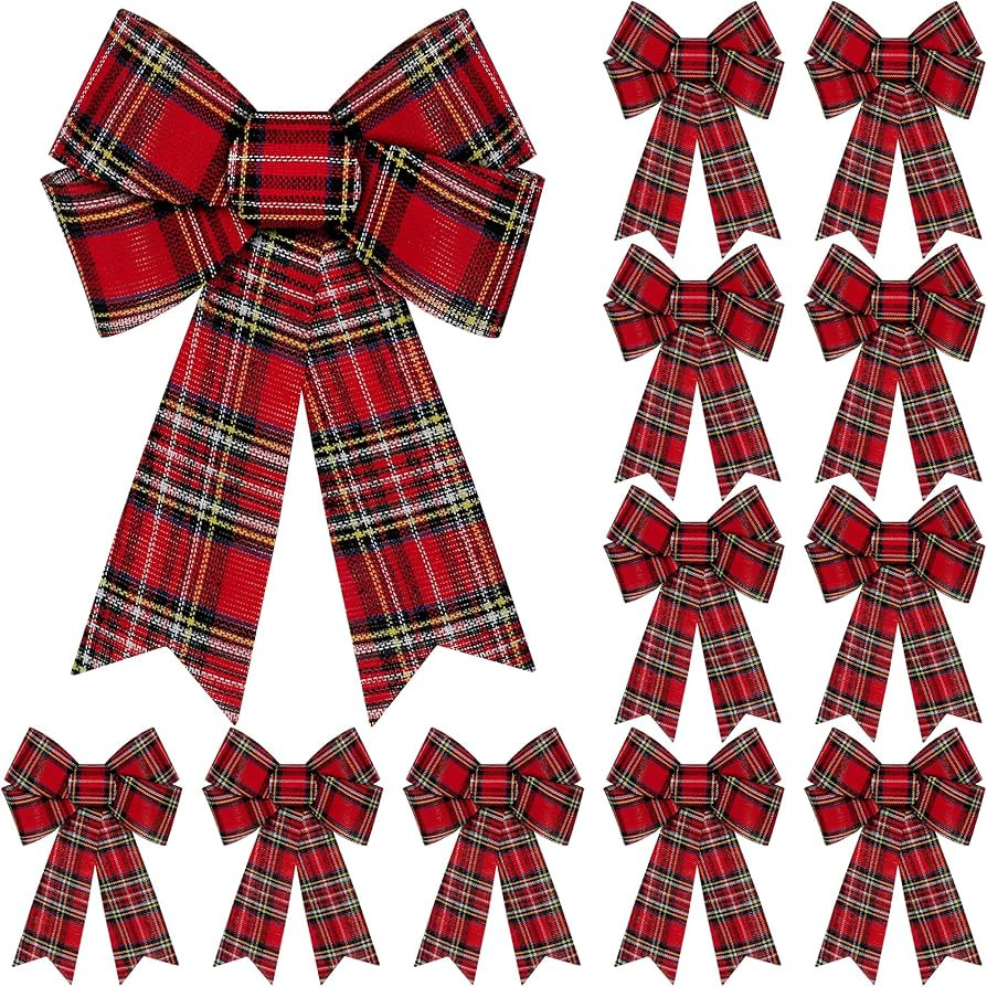 12 PCS Bows for Christmas Tree, 9x12 In Large White Black Red Christmas Bows, Buffalo Plaid Plast... | Amazon (US)