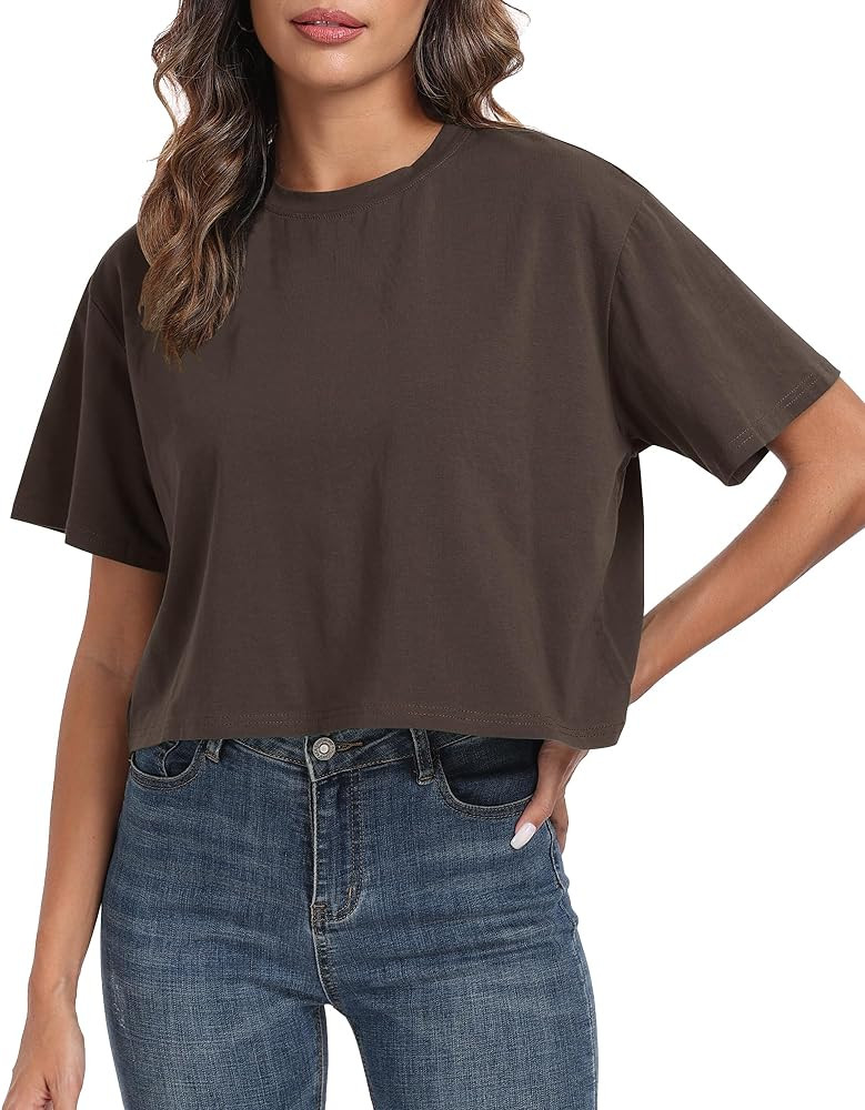 PRIMODA Women's Oversized Workout Cropped T Shirts Crew Neck Short Sleeve Casual Loose Summer Cro... | Amazon (US)