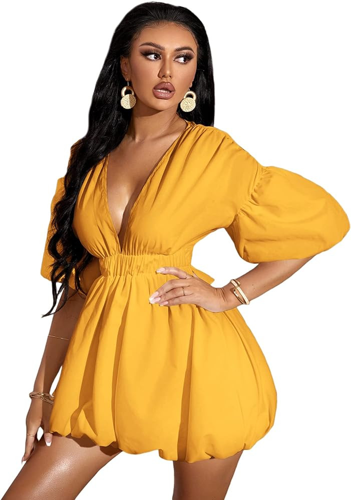 WDIRARA Women's Deep V Neck Puff Sleeve High Rise Flare Dress Elastic Waist Dress | Amazon (US)