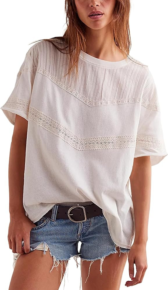 Yidarer Womens Summer Lace Crochet Tops Crewneck Short Sleeve Cute Shirts Casual Cotton Boho Blou... | Amazon (US)