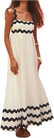 Women Spaghetti Straps Dress Smocked Summer Dresses RIC Rac Trim A Line Midi Dress Flowy Boho Bea... | Amazon (US)