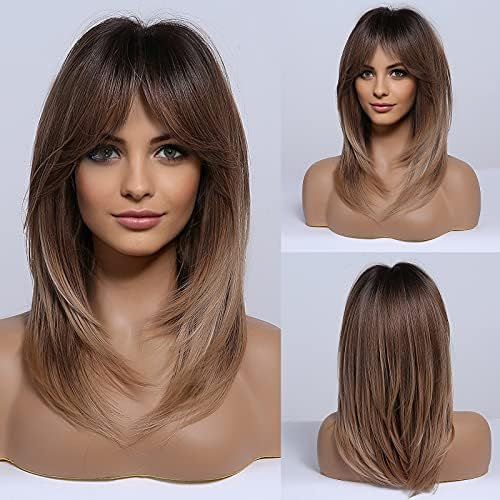 HAIRCUBE Long Layered Wigs for Women Synthetic Hair Wig with Bangs Ombre Brown to Blonde with Dark R | Amazon (US)