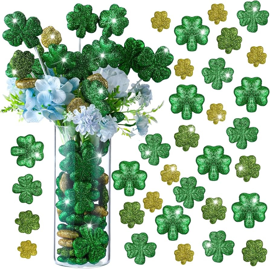 Halloscume 60 Pcs St. Patrick's Day Glitter Foam Vase Fillers Table Decor Foam Shamrocks Filler G... | Amazon (US)