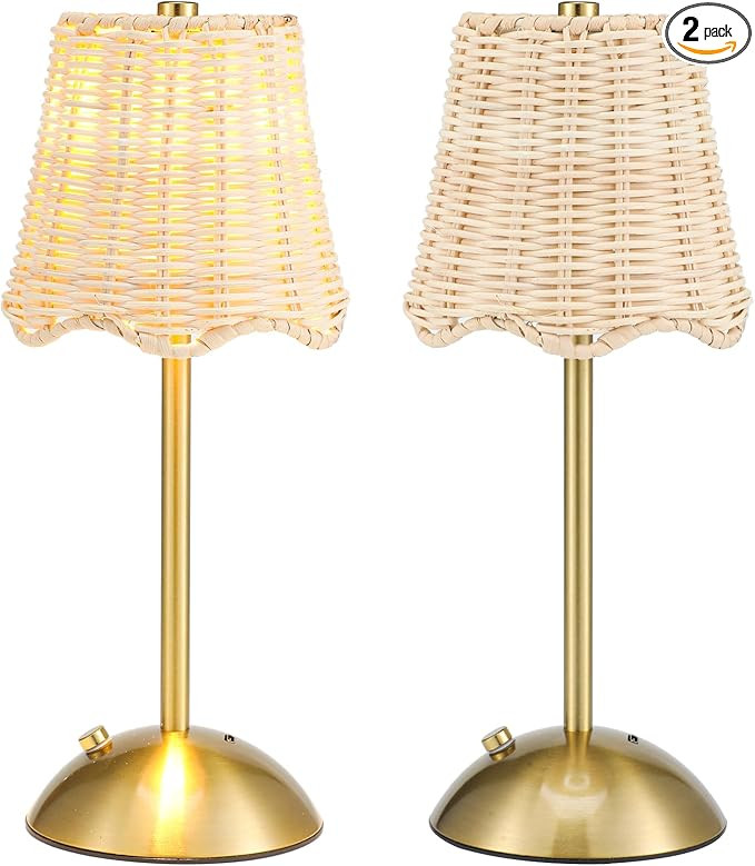 2 Pack Woven Table Lamp 12 Inch Portable Cordless Table Lamp Rechargeable Gold Bedside Light with... | Amazon (US)