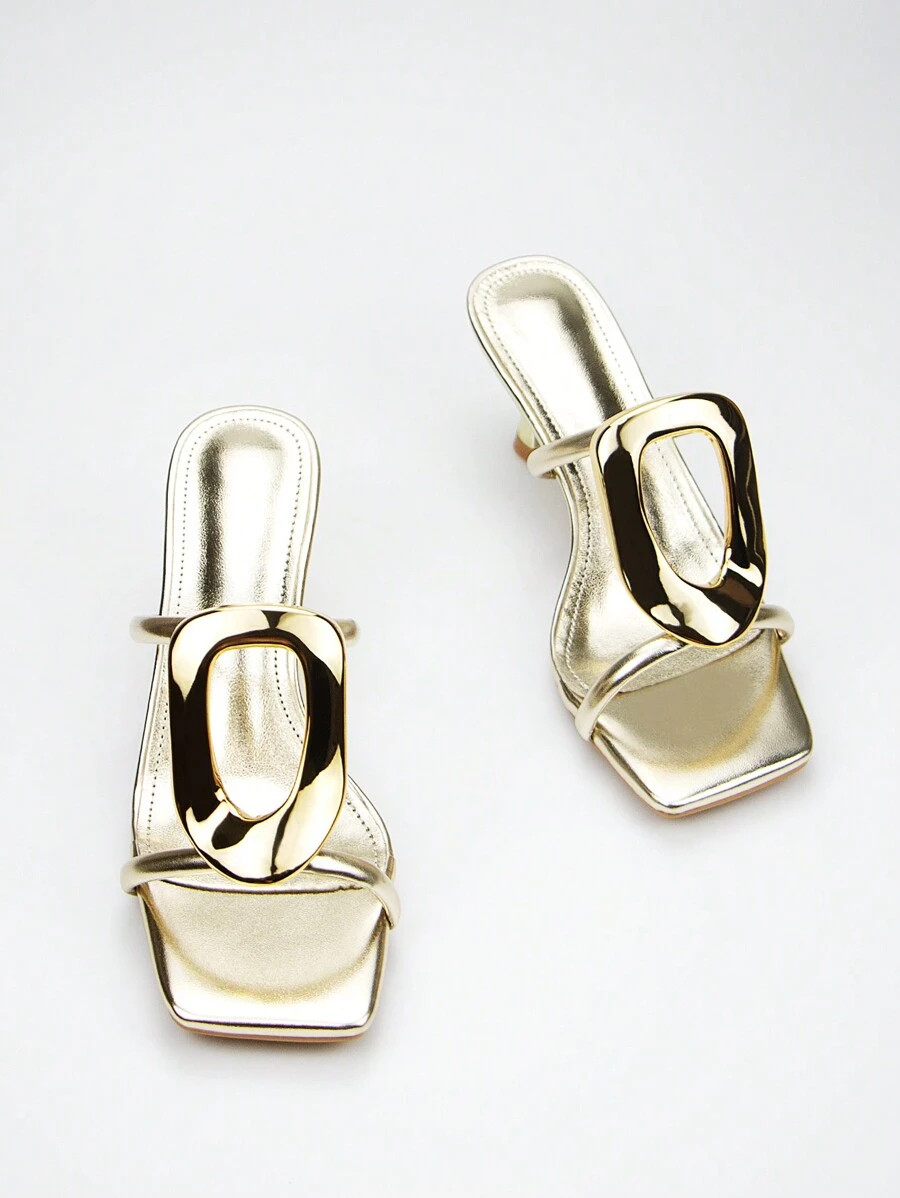 Elegant And Stylish Women's Golden Metal Buckle Decoration Mule Sandals With Golden Metallic Fini... | SHEIN
