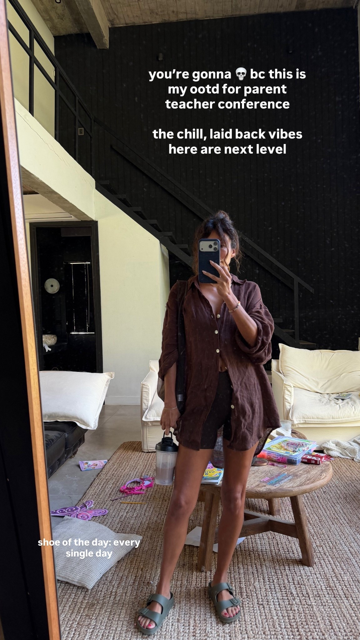 biker shorts and brown linen button down 

#LTKdayinmylife #LTKTravel #LTKmomlife