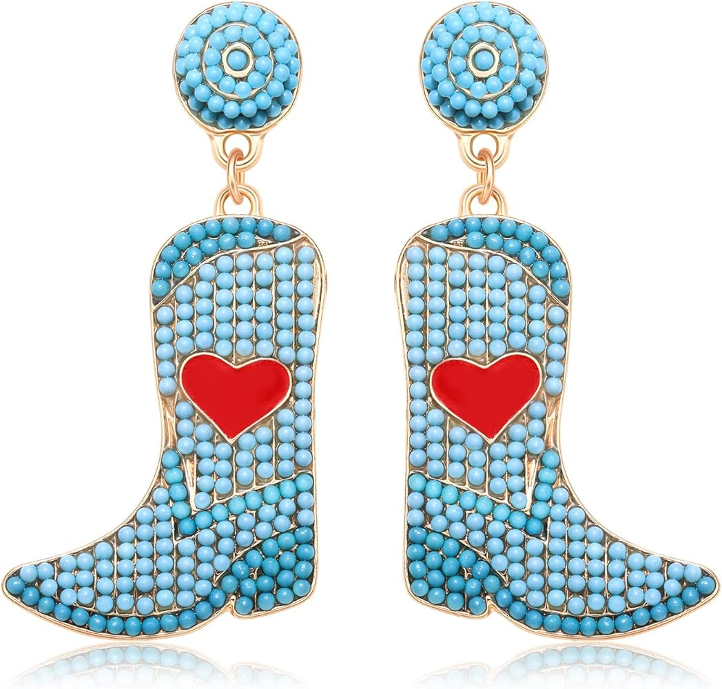 Western Cowgirl Boot Earrings Handmade Beaded Country Cowboy Boot Drop Dangle Earrings for Women ... | Amazon (US)