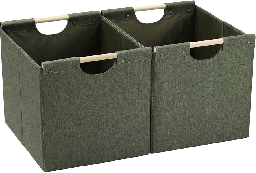 HOONEX Large Collapsible Storage Bins, Linen Fabric, Pack of 2, Storage Baskets with Wooden Carry... | Amazon (US)