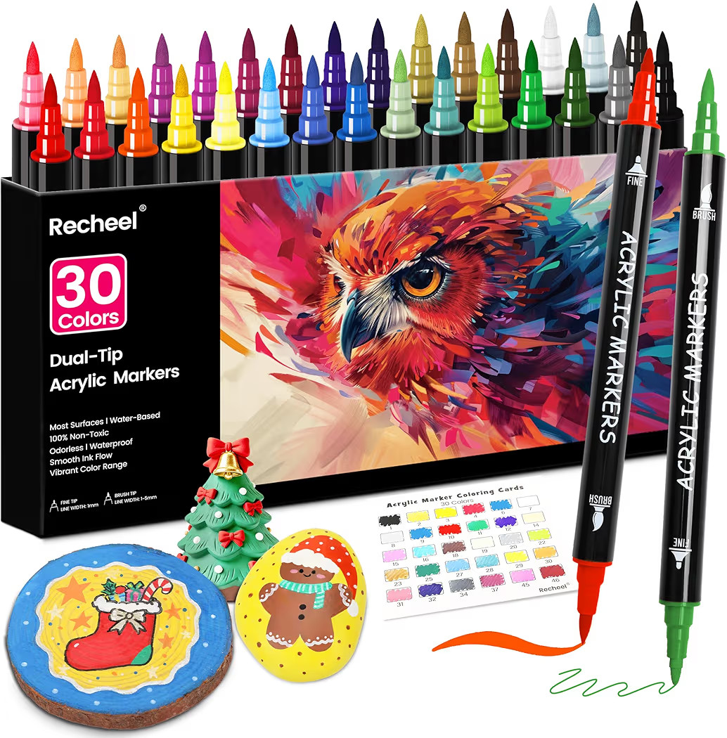 30 Colors Acrylic Paint Markers, Dual Tip Fine and Brush Tips for Detailed Art, Crafting, Rock Pa... | Amazon (US)