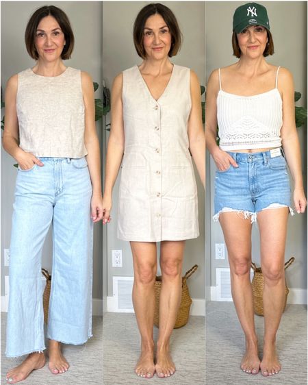 Abercrombie summer try on!
I’m 5’ 7” size 4ish 
- wide leg cropped jeans: lightweight (70% polyester), love the lighter wash for summer, fit tts, wearing size 27
- linen blend top: great summer basic, lined, fits tts, wearing size S
- linen blend dress: easy to dress up or down, lined, fits tts but short, I’m wearing size S tall
- crochet top: love the pretty details, lined at the top, adjustable straps, fits a bit small, I’m wearing M
- denim shorts: 4” inseam, stretchy, fit tts, I’m wearing size 27
- cap comes in several colors and is adjustable in size 

Also linked the linen pants (fit tts) and shorts (fit small, I sized up to 6) I show in the video and the yoga pants from the beginning 


#LTKSeasonal #LTKStyleTip #LTKOver40