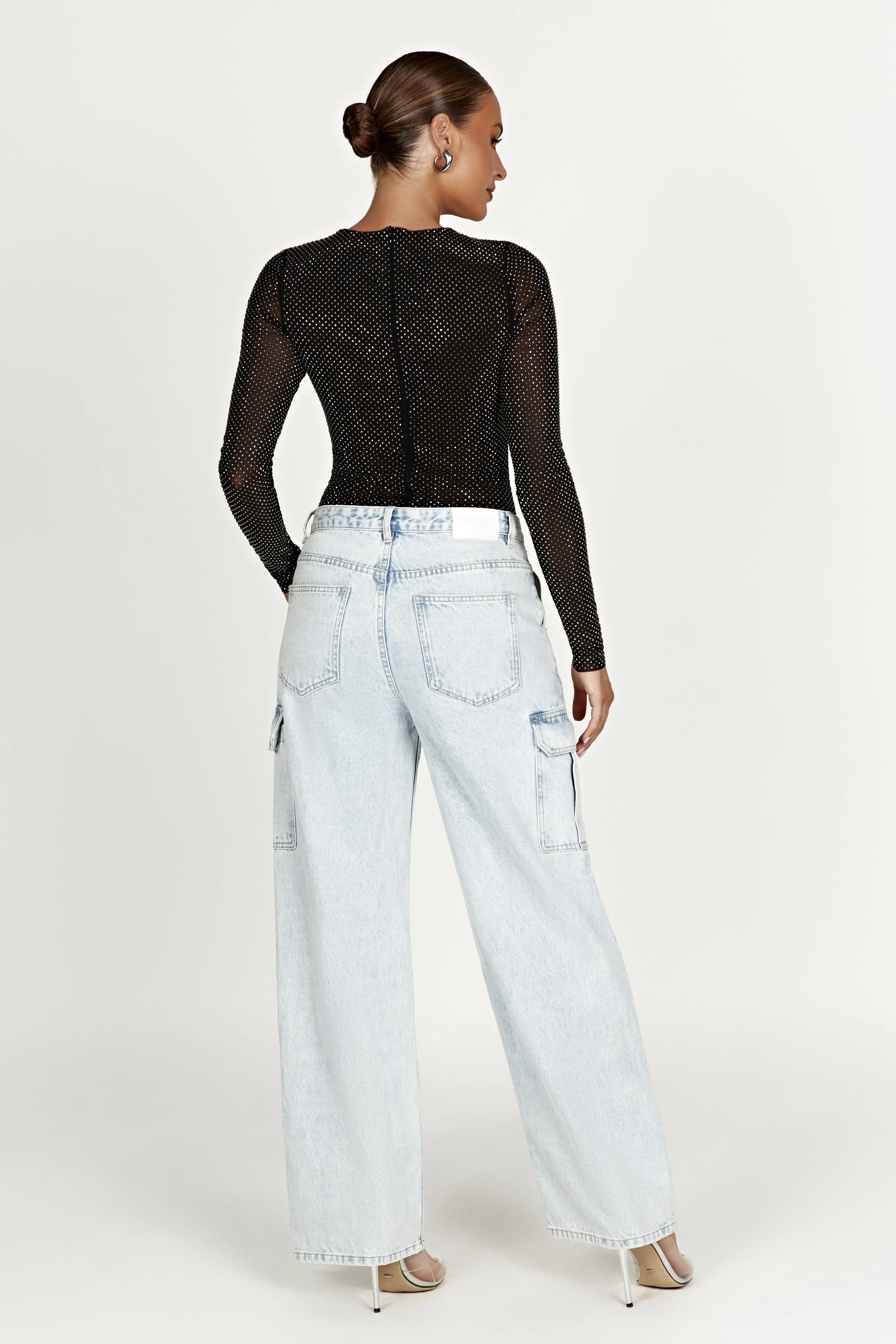 Selma Long Sleeve Diamante Bodysuit - Black/Silver | MESHKI US