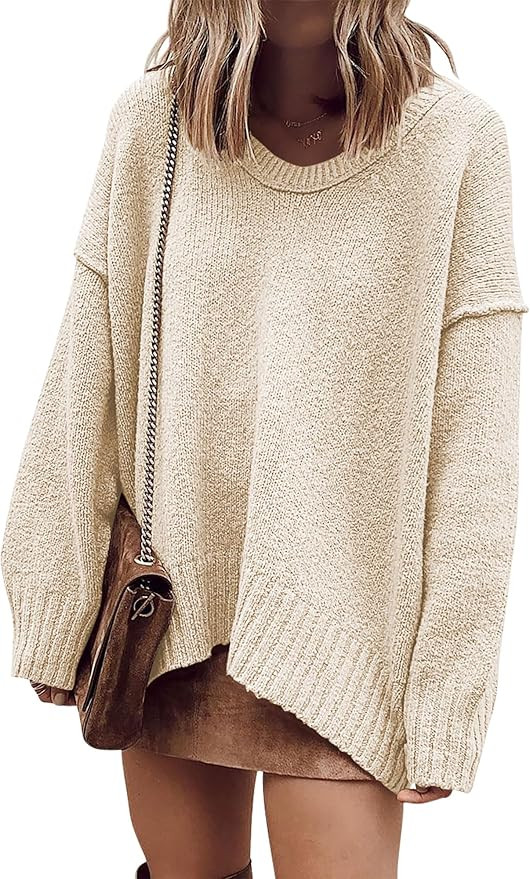 ANRABESS Women's Oversized Casual Loose Slouchy Scoop V Neck Batwing Long Sleeve Knit 2025 Fall P... | Amazon (US)