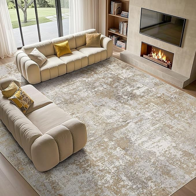 Tortania Washable 9x12 Area Rug for Living Room: Modern Abstract Neutral Large Soft Thin Rugs - N... | Amazon (US)