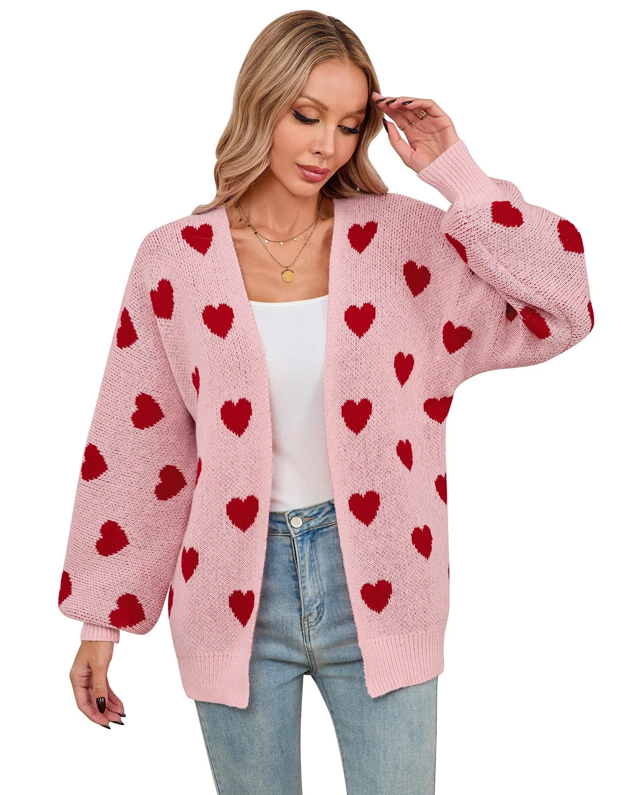 Cardigans for Women Casual V Neck Button Down Long Sleeve Heart Print Valentine's Day Sweaters Lo... | Walmart (US)