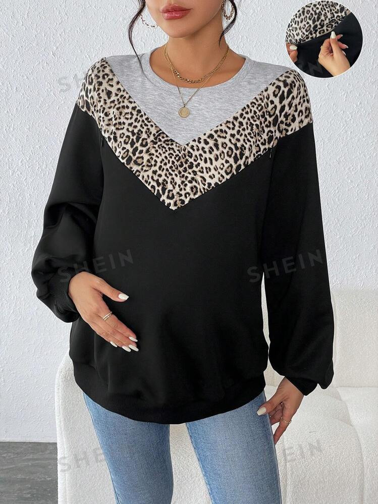 SHEIN Maternity Leopard Print Colorblock Drop Shoulder Nursing Sweatshirt | SHEIN