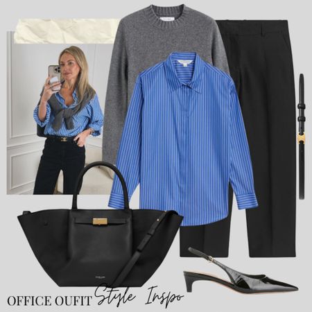 Workwear inspiration 

Blue striped shirt, office look, sling back kitten heels 

#LTKworkwear