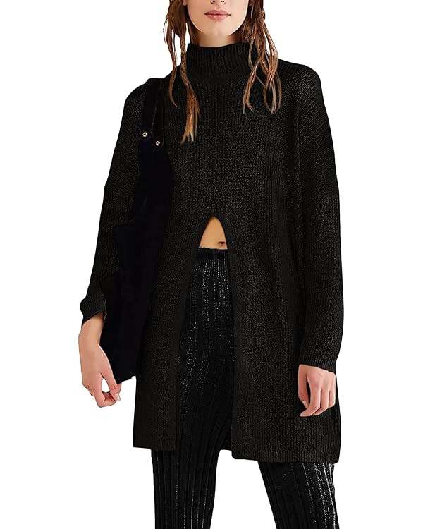 Women's Turtleneck Sweaters Long Sleeve Oversized Tunic Sweater Front Slit Knit Pullover Tops | Amazon (US)