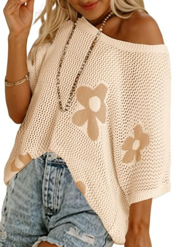 Dokotoo Womens Juniors Floral Summer Crochet Hollow Out Sweaters Tops Resort Wear for Women 2026 Round Neck Short Sleeve Pullover Shirt Lightweight Knit Tops Blouse Spring Fashion,Apricot XX-Large | Amazon (US)