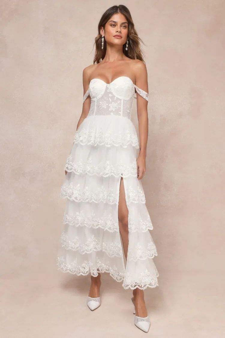 Luxe Beauty White Embroidered Tiered Off-the-Shoulder Dress | Lulus