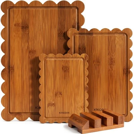 Kikcoin 4-Piece Bamboo Cutting Board Set with Storage Stand, Deep-Carbonized Wooden Cutting Boards for Kitchen, Reversible Chopping Serving Tray | Walmart (US)