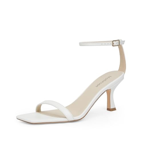 Modatope Women's White Open Square Toe Kitten Heel Ankle Strap Sandals Size 9.5 | Amazon (US)