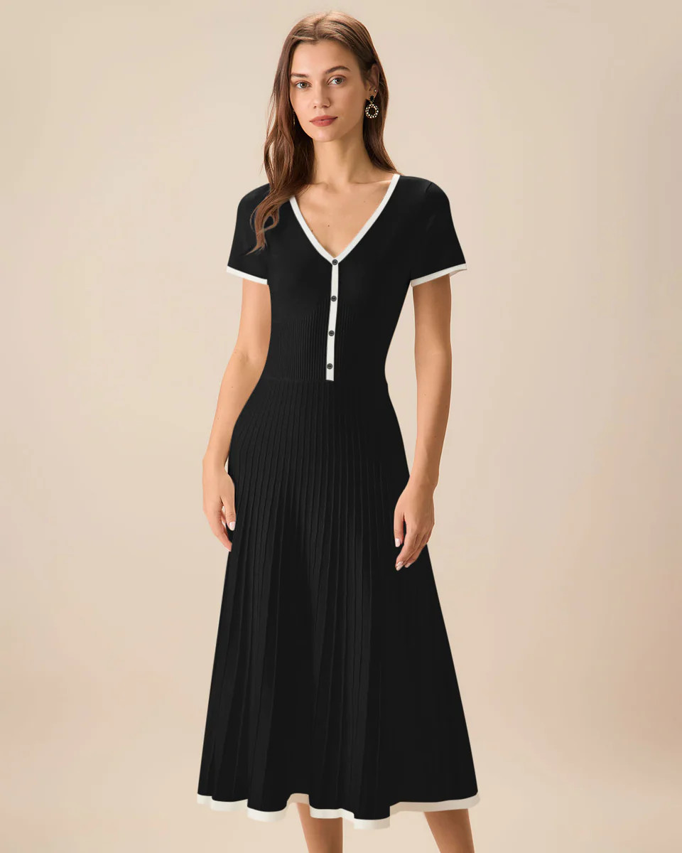 Black Contrasting Sweater Midi Dress | rihoas.com
