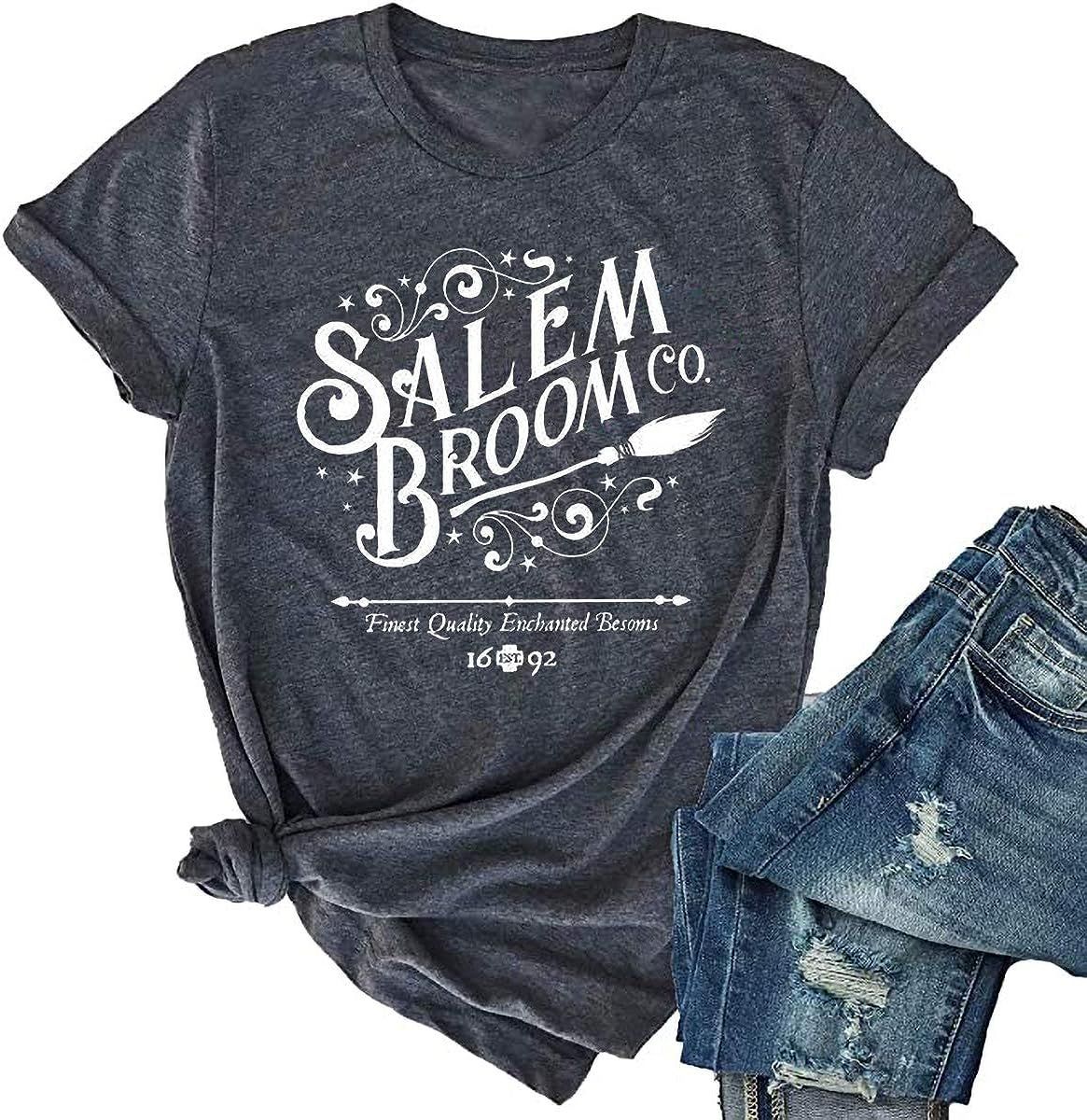 Qbily Women's Halloween Shirt Fall Short Sleeve Salem Broom Witch Graphic Tees Tops | Amazon (US)