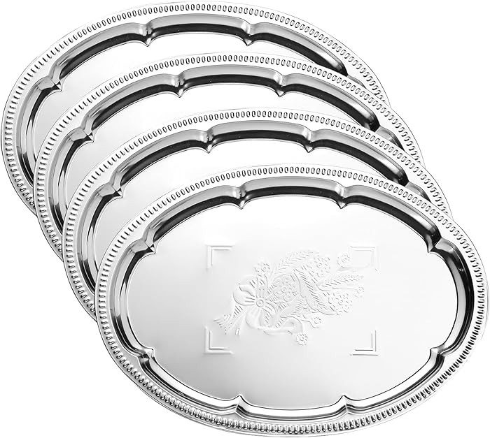 4-Pack 15.7" x 11.8" Large Silver Serving Trays Set - Oval Floral Engraved Mirror Tray, Birthday ... | Amazon (US)