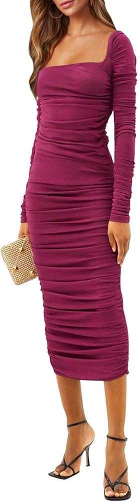 Pink Queen Women's 2023 Fall Sexy Ruched Bodycon Dress Square Neck Long Sleeve Backless Knit Part... | Amazon (US)