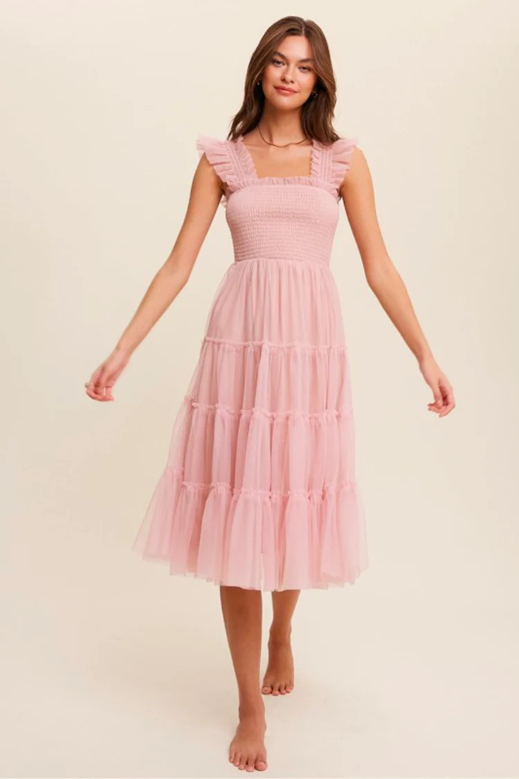 Fiori Short Pink Tulle Tiered Midi Dress | Confête