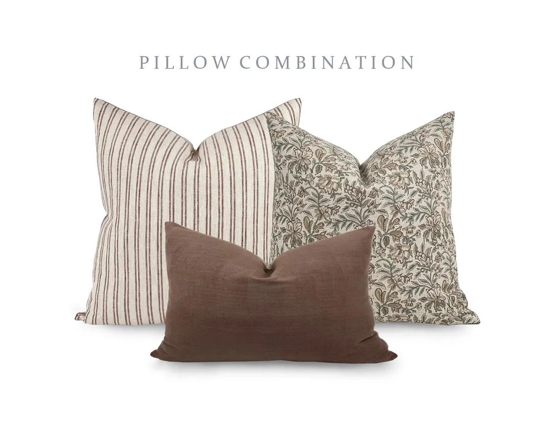 PILLOW COMBO | Fall Pillow Combination, Brown Striped Pillow, Brown Floral Pillow, Brown Pillow, ... | Etsy (US)