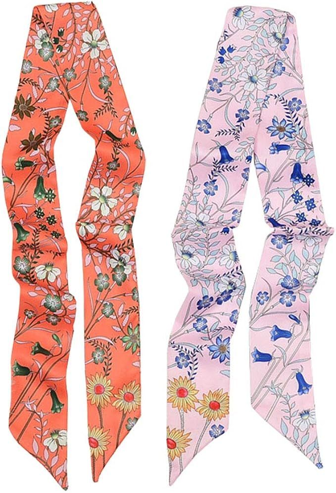 DOCILA 2 Pack Floral Skinny Scarf Set For Women Silk Like Neckerchief Hangbag Handle Hair Wraps | Amazon (US)