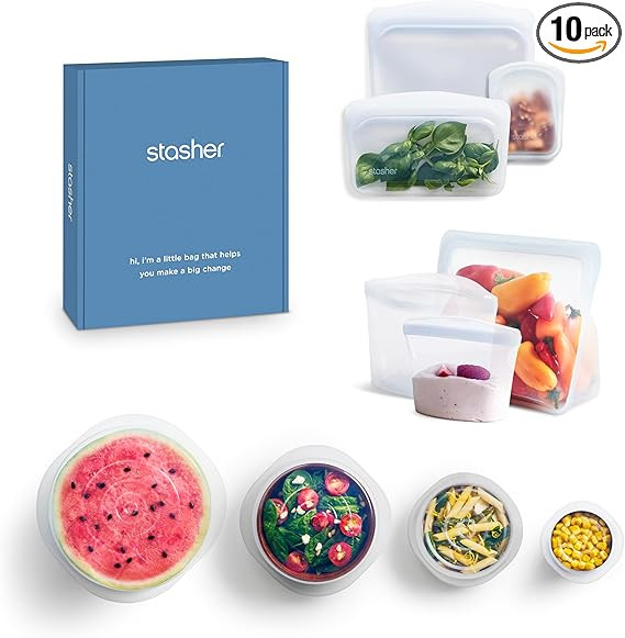 Stasher Premium Silicone Reusable Food Storage Bags and Stretch Lids 10-Pack, Clear, Airtight Sea... | Amazon (US)