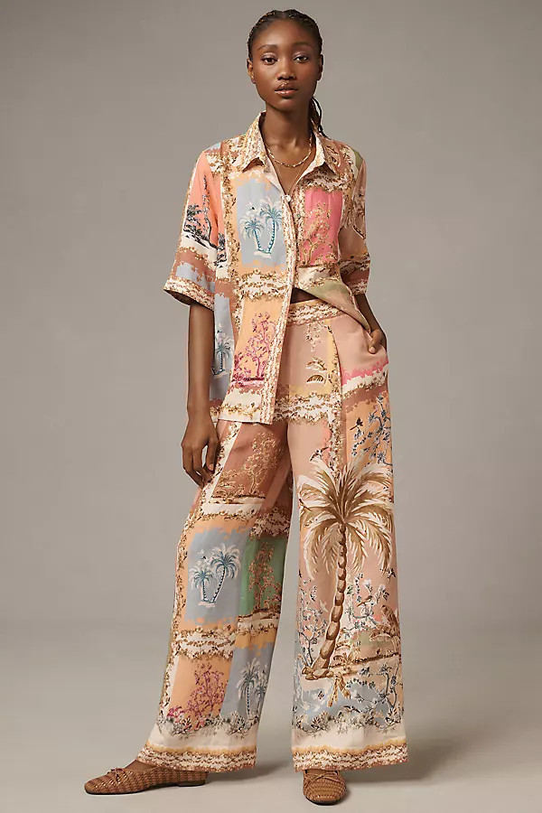 Palm Beach Printed Linen Wide-Leg Pants | Anthropologie (US)