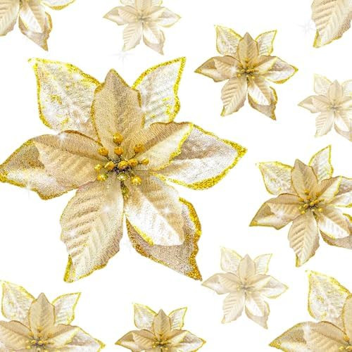 KEPATO Christmas Glitter Poinsettia Christmas Tree Ornaments Pack of 12 (Gold) | Amazon (US)