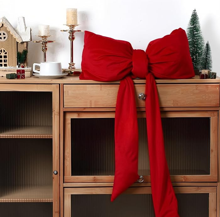 Amyhill Long Christmas Velvet Bow Pillow, Soft Furry Red Bow Throw Pillows for Cushion Bed Sofa C... | Amazon (US)