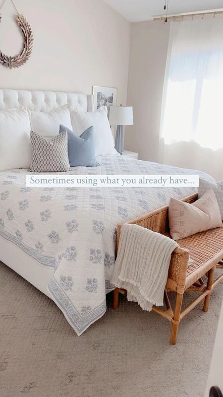 Master bedroom, bedroom decor, bedroom design, woven bench, serena and Lily, blue and white, block print, nightstands, bedroom lamp, neutral bedroom, neutral home decor 

#LTKhome