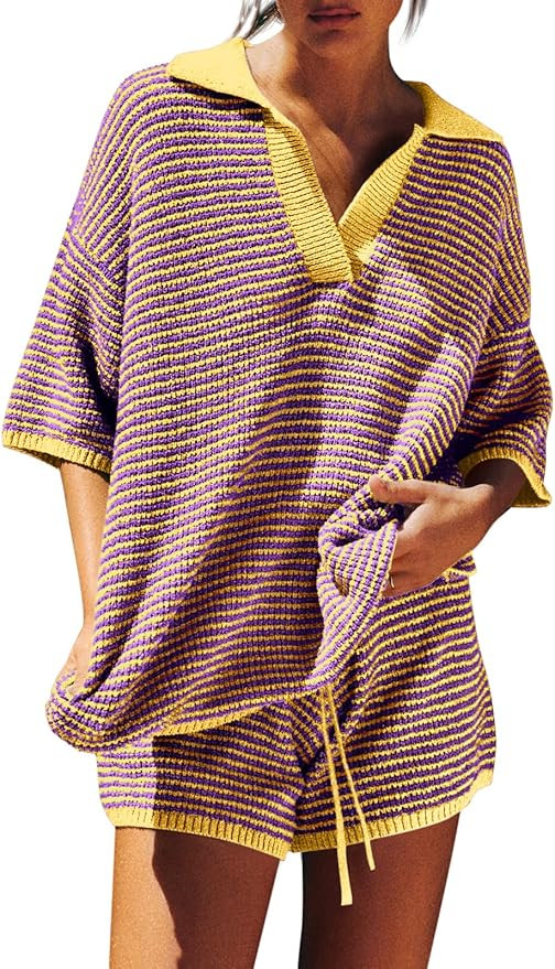 Tankaneo Womens Sweater Set 2 Piece Outfits Oversized 3/4 Sleeve V Neck Knit Tops High Waisted Sh... | Amazon (US)