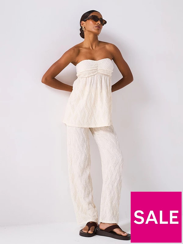 V by Very Textured Wide Leg Trouser Co-Ord - Ecru | Very (UK)