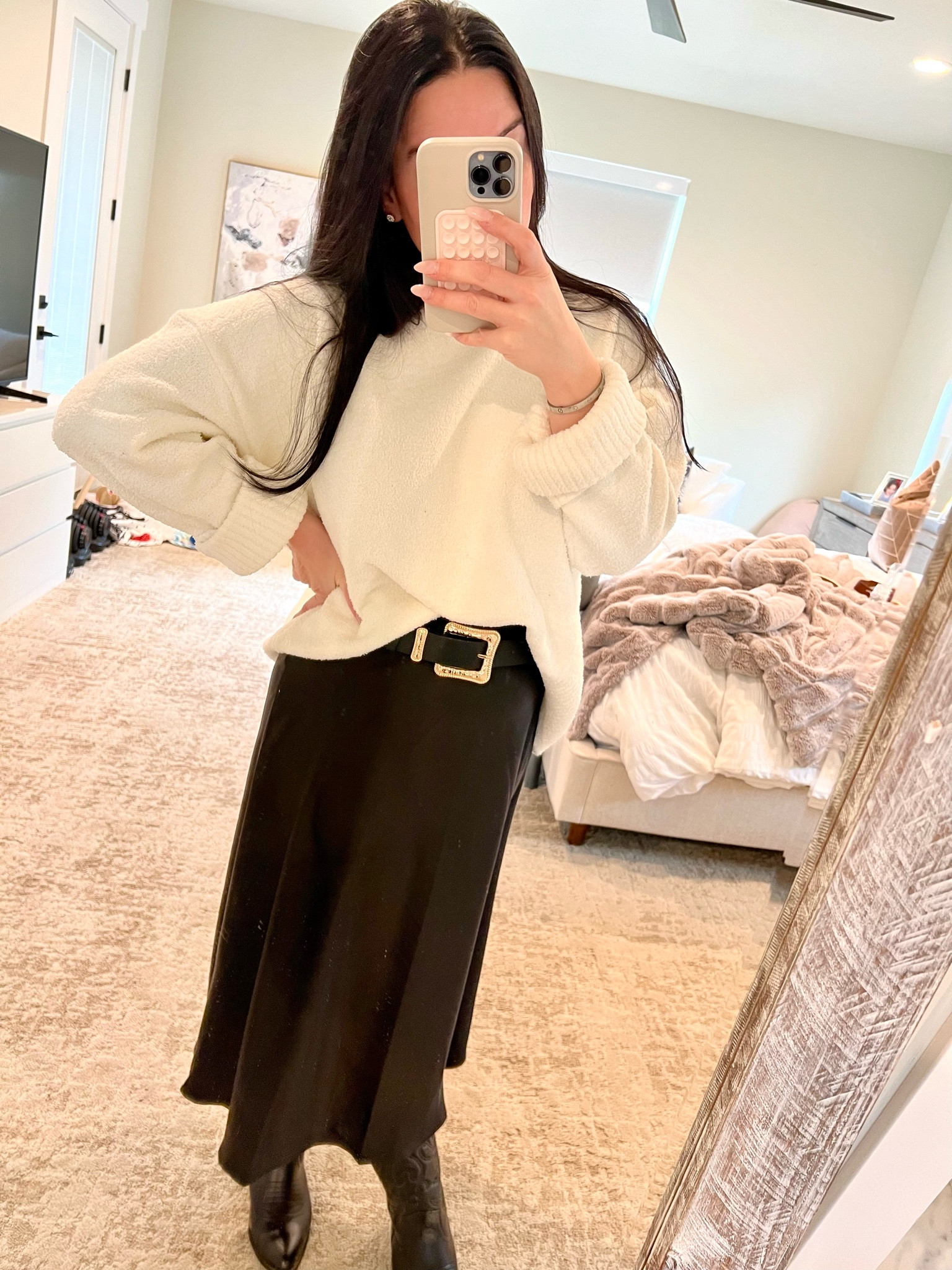 This sweater is like a cozy blanket! I sized up to a medium so it is oversized. Love this satin midi skirt, definitely can wear in all 4 seasons—took a small. 

#LTKfindsunder100 #LTKstyletip #LTKfindsunder50
