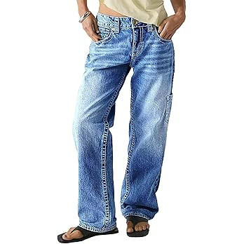 Flamingals Mid Rise Straight Leg Jeans for Women Multi Pocket Stretchy Baggy Boyfriend Jeans Tren... | Amazon (US)