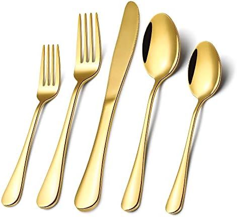 Amazon.com | Gold Silverware Flatware Set for 8, 40 Piece Stainless Steel Cutlery Set With Titani... | Amazon (US)